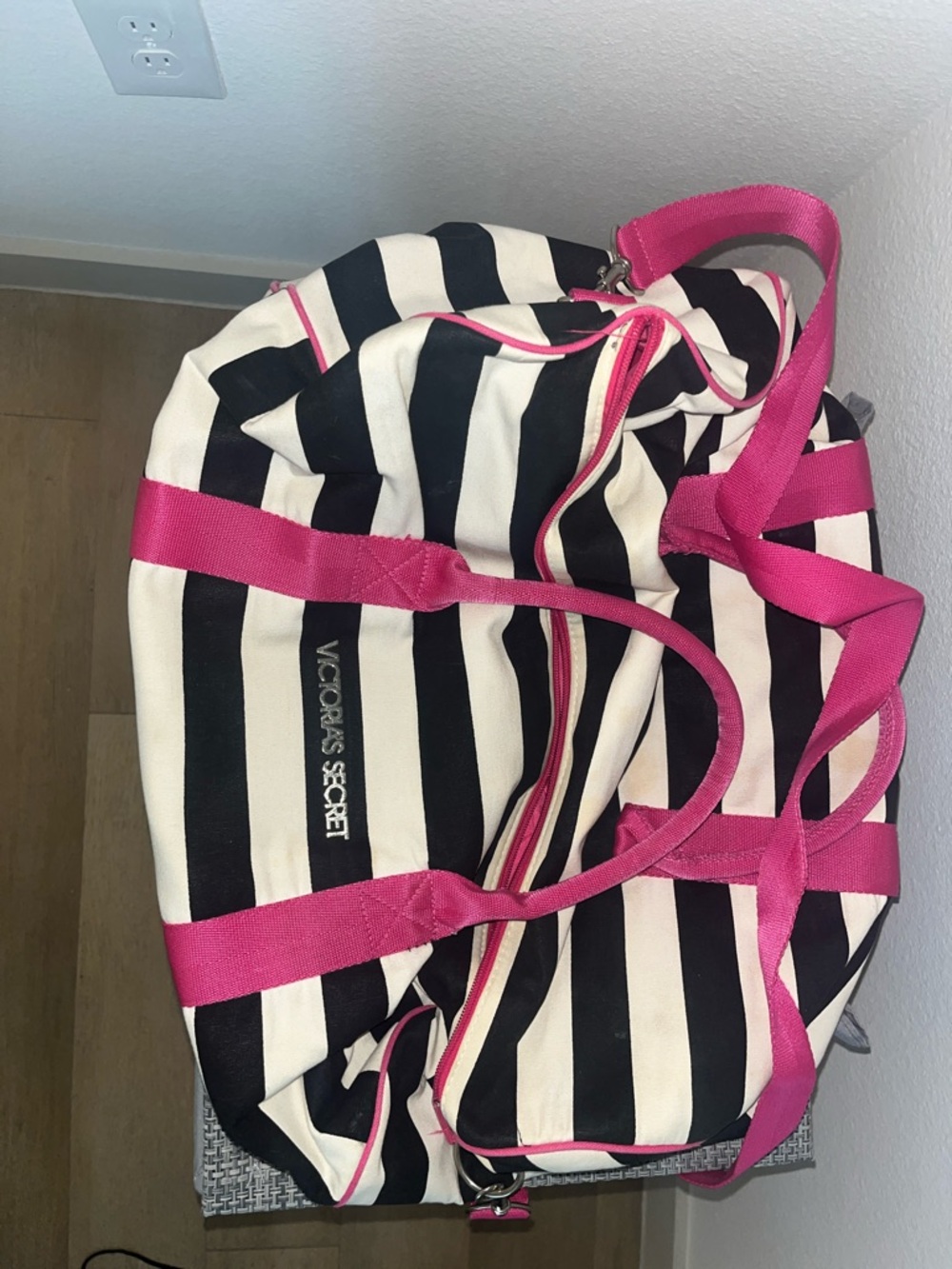 Victoria's Secret Black & White Striped Travel Tote with Hot Pink Accents